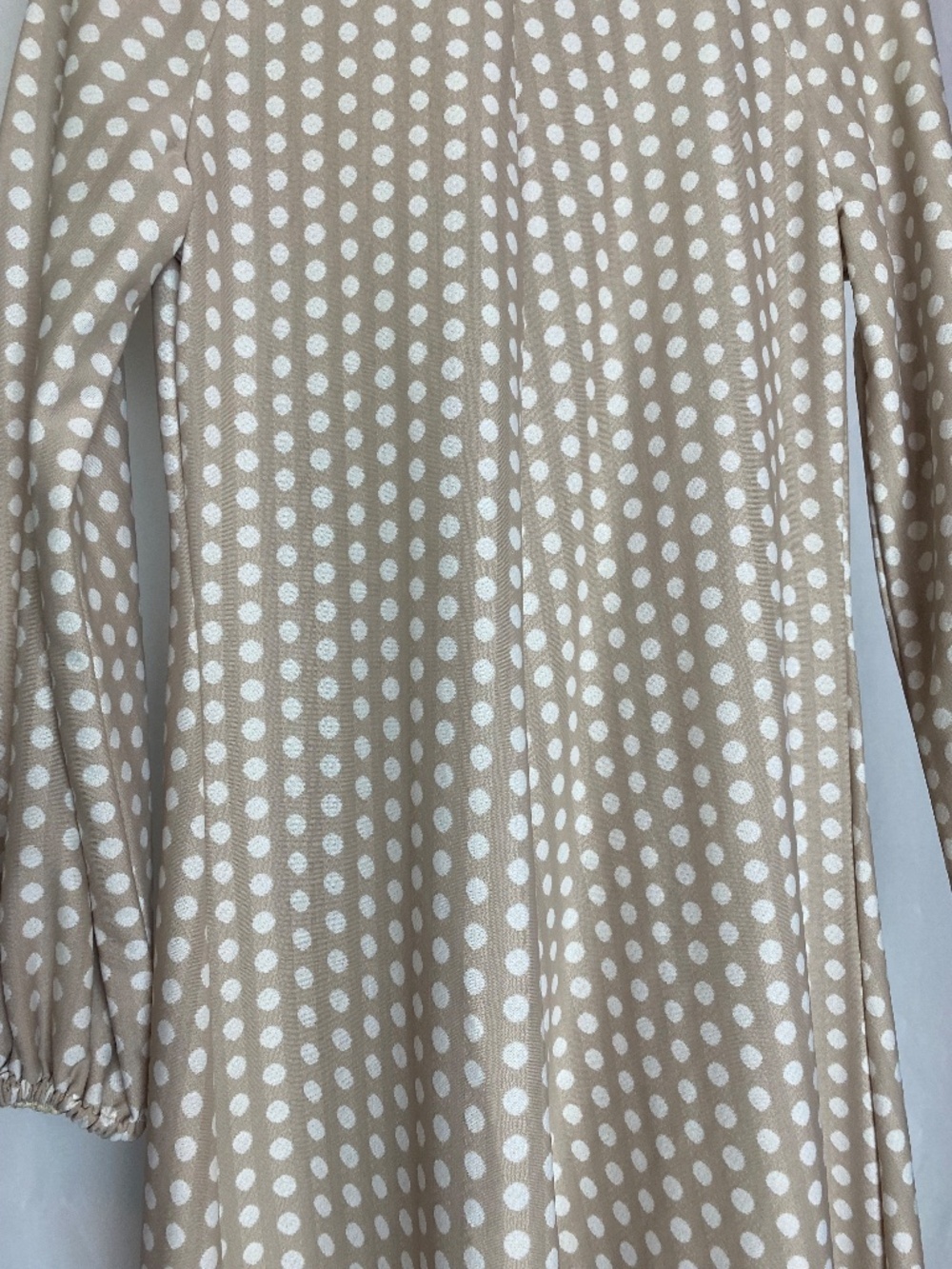 Vintage Womenʻs Hand Sewn Long Sleeved Neutral Polka Dot Muʻumuʻu Maxi Dress - Picture 7 of 11